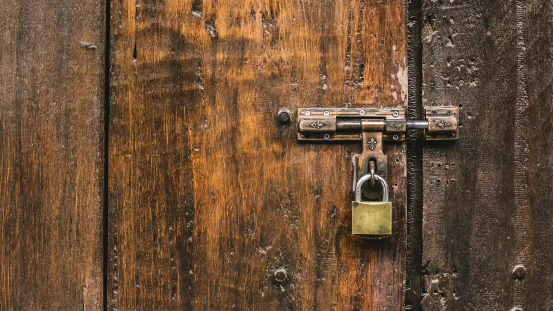 A brass padlock fastens an old bolt on a weathered, dark wooden door.