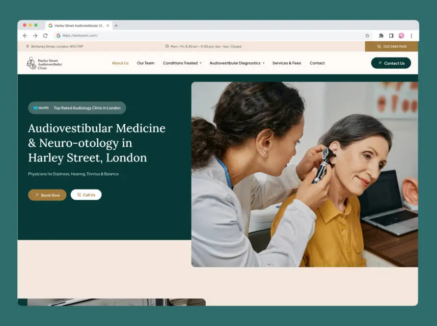 Screenshot of a medical clinic website showing a female doctor examining an elderly woman’s ear with an otoscope. The text reads, “Audiovestibular Medicine & Neuro-otology in Harley Street, London.” Perfect for digital marketing healthcare needs.