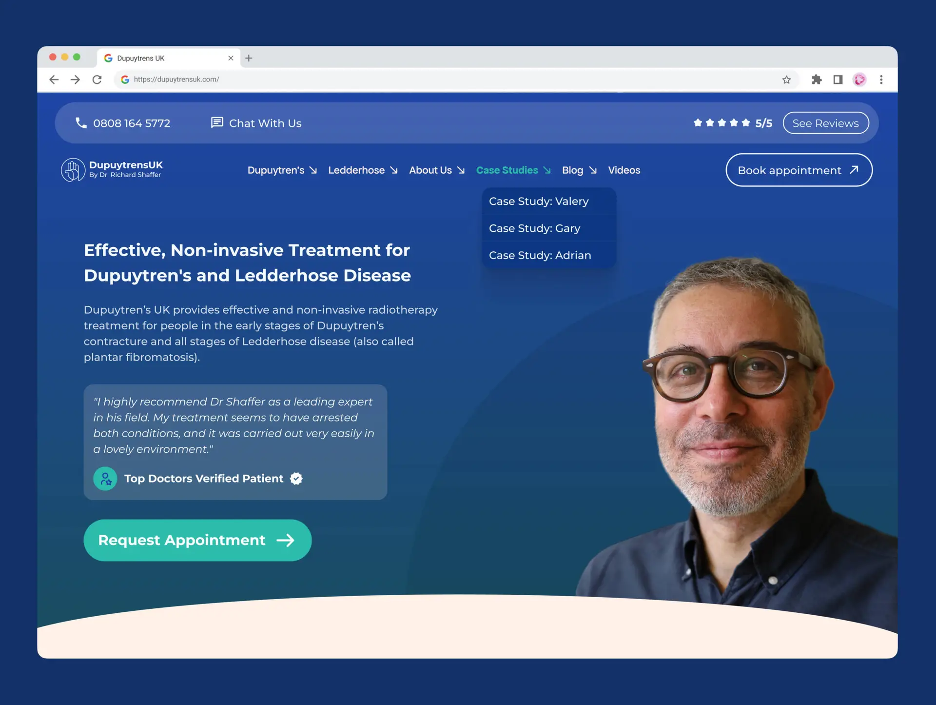 Screenshot of a medical website for Dupuytren’s and Ledderhose disease treatment, designed by a healthcare digital marketing agency. The header is blue with navigation links, contact info, and a Request Appointment button. A smiling man is on the right.