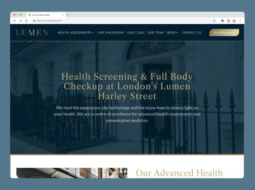 Screenshot of the Lumen Harley Street website, highlighting healthcare SEO in the banner: “Health Screening & Full Body Check-up at London’s Lumen Harley Street,” with navigation links and a Book Appointment button at the top.