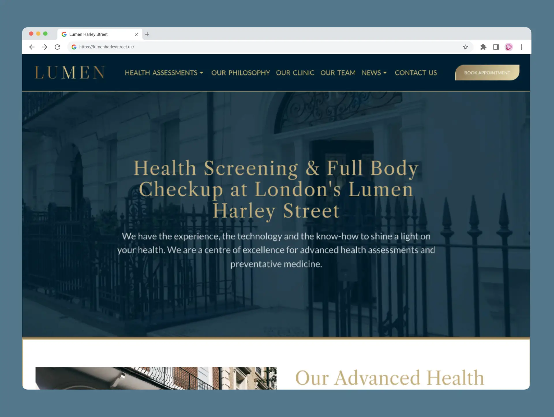 Screenshot of the Lumen Harley Street website, highlighting healthcare SEO in the banner: “Health Screening & Full Body Check-up at London’s Lumen Harley Street,” with navigation links and a Book Appointment button at the top.
