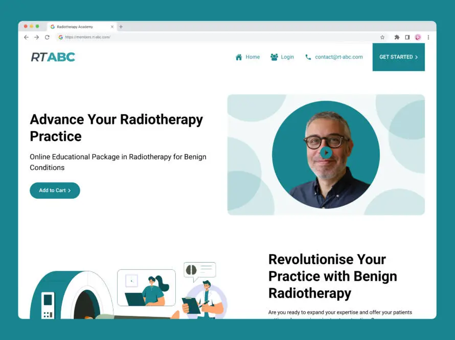 A website homepage for RTABC features the heading Advance Your Radiotherapy Practice with a portrait of a smiling man in glasses, navigation buttons and icons, and illustrations of medical professionals and equipment—ideal for digital marketing healthcare.