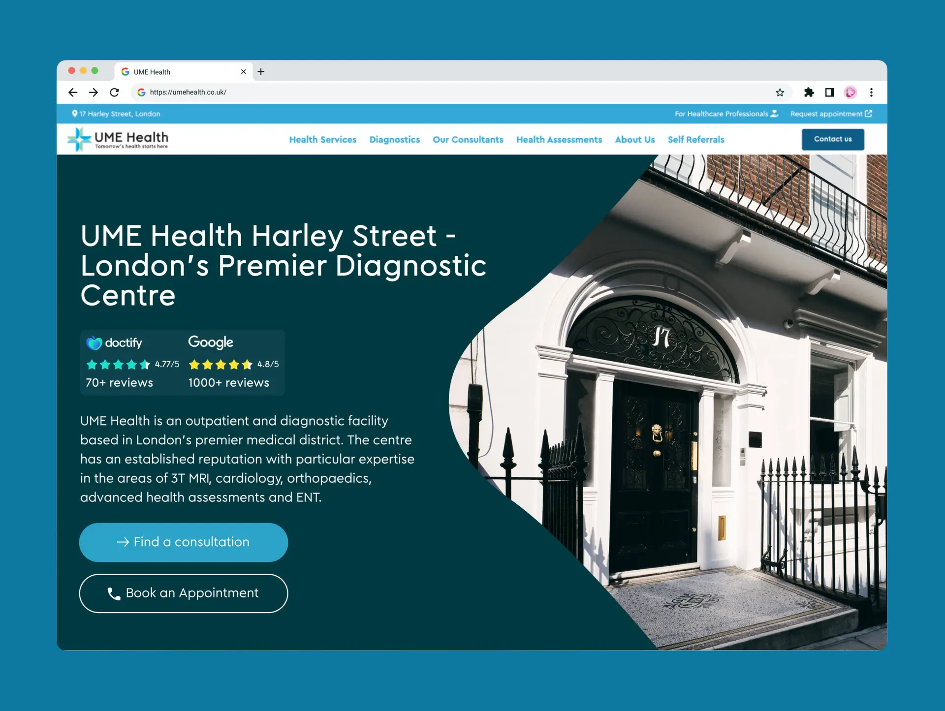 Screenshot of UME Health’s website homepage showing a white building entrance with a black door, stairs, and wrought-iron railings. The text highlights UME Health Harley Street as London’s premier diagnostic centre, expertly showcased by a healthcare digital marketing agency.