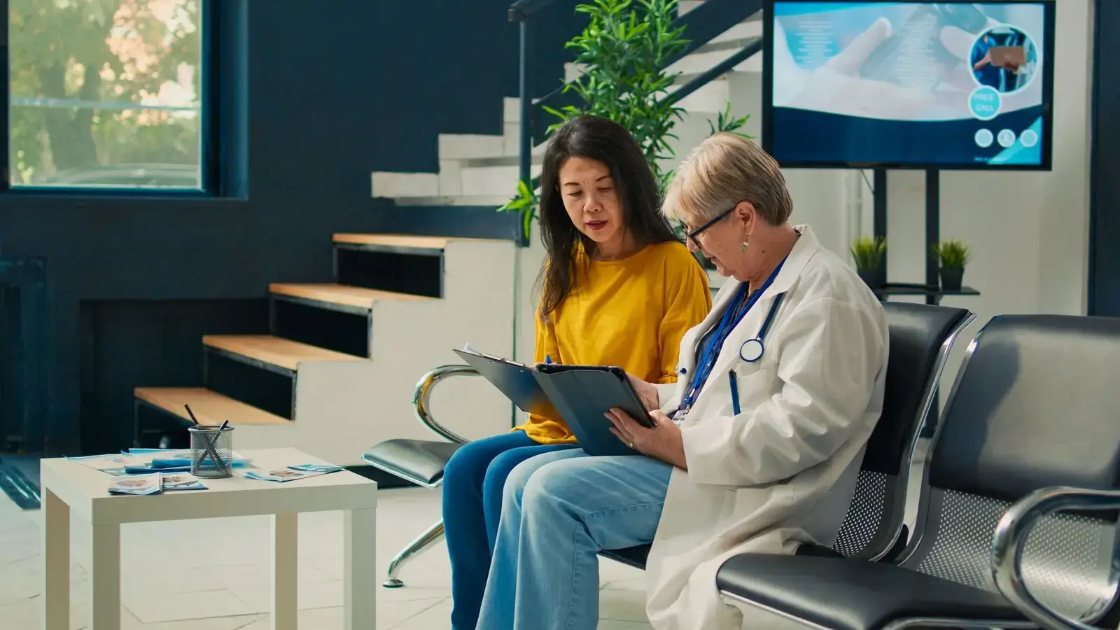 A woman in a yellow jumper sits in a waiting area with a doctor, reviewing documents. Behind them are stairs, plants, a digital medical screen, and brochures—highlighting the modern touch of a healthcare digital marketing agency.