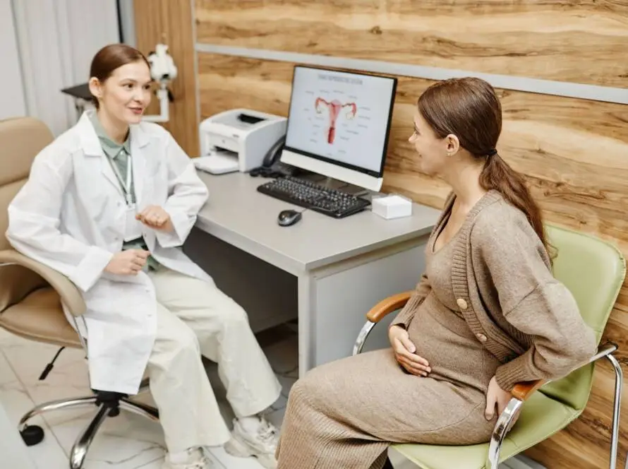 On our website: A pregnant woman consults with a female doctor in an office. A computer shows a womb diagram, emphasising SEO in women's health.