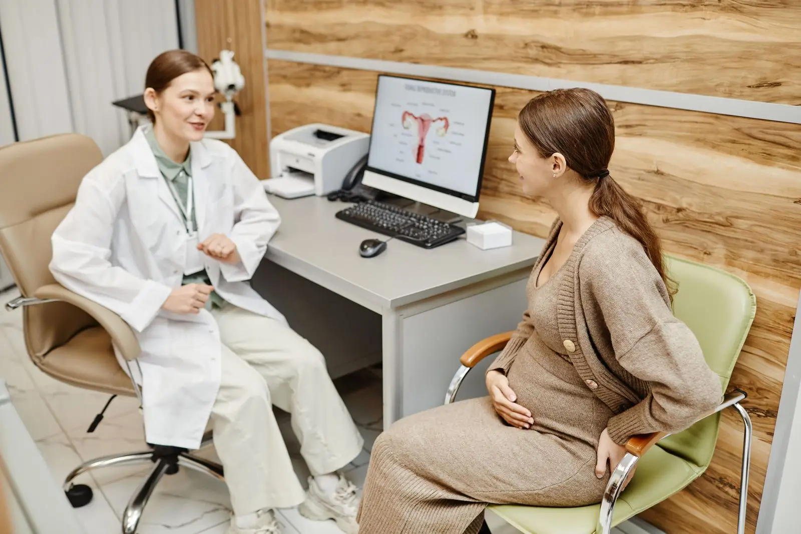 On our website: A pregnant woman consults with a female doctor in an office. A computer shows a womb diagram, emphasising SEO in women's health.