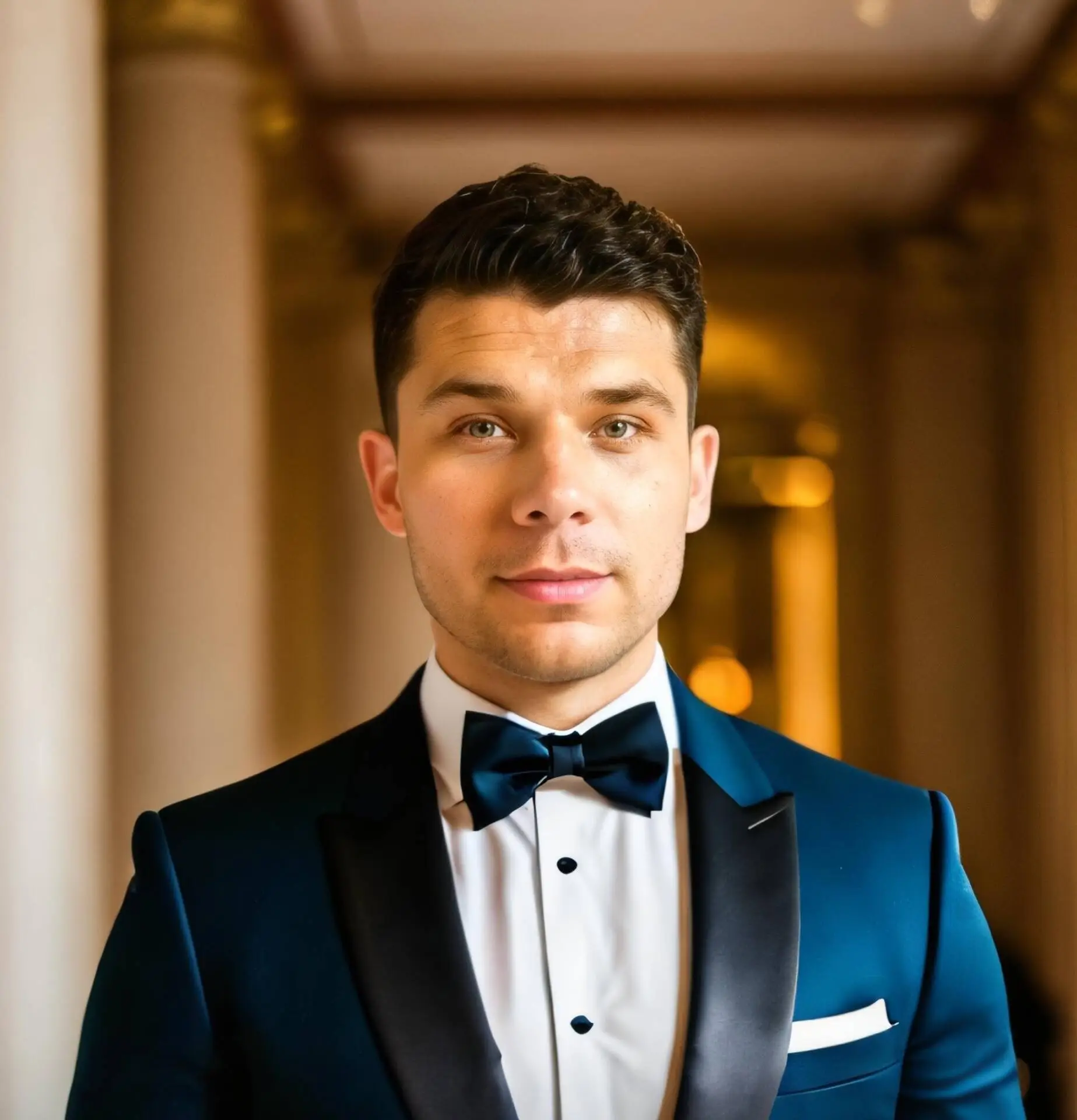 A young man with short brown hair and blue eyes stands in a corridor, dressed smartly for an event hosted by a leading healthcare digital marketing agency. He looks directly at the camera with a neutral expression.
