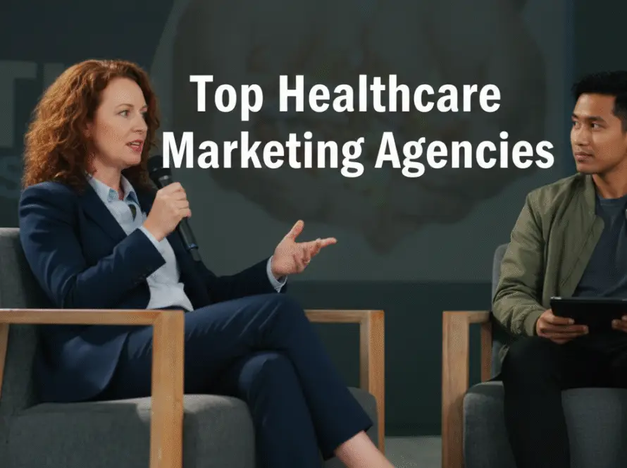 A woman in a navy suit speaks into a microphone whilst seated on stage next to a man in a green jacket holding a tablet. Bold white text above them reads, Top Healthcare Marketing Agencies, highlighting digital marketing healthcare strategies.