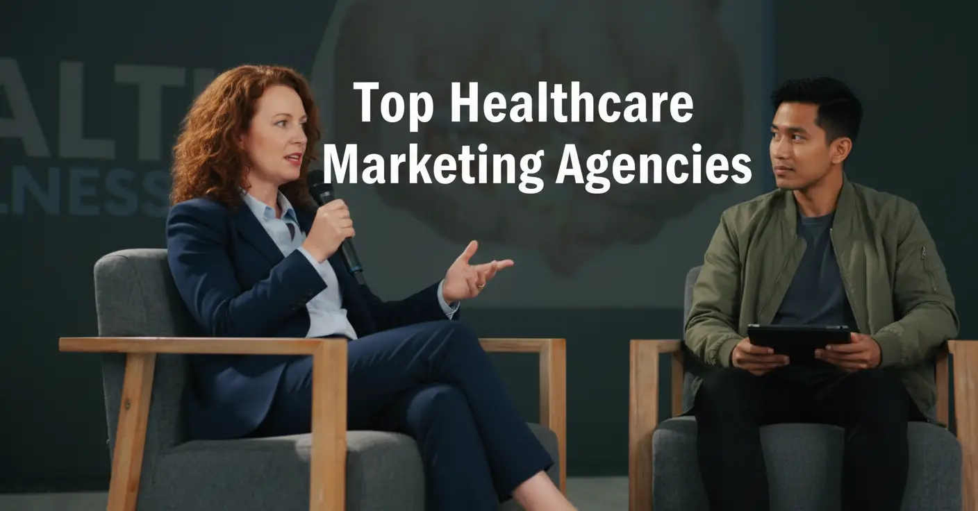 A woman in a navy suit speaks into a microphone whilst seated on stage next to a man in a green jacket holding a tablet. Bold white text above them reads, Top Healthcare Marketing Agencies, highlighting digital marketing healthcare strategies.