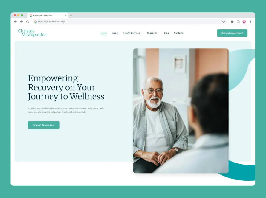 A website homepage for Christos Mikropoulos Healthcare. Featuring a photo of an older man with glasses and a beard, its left side has text promoting recovery and wellbeing, plus two green Request Appointment buttons—designed by a top healthcare digital marketing agency.