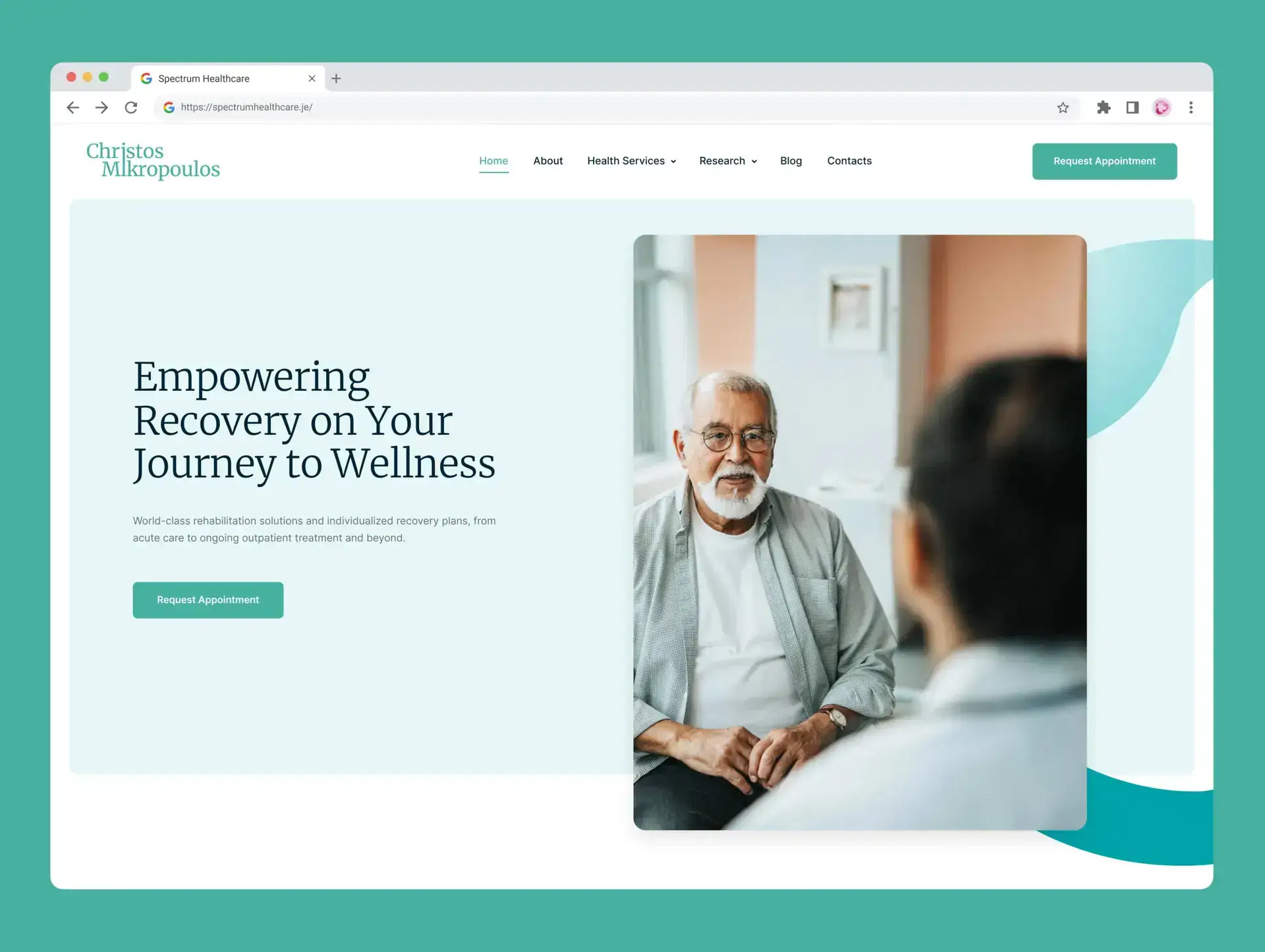 A website homepage for Christos Mikropoulos Healthcare. Featuring a photo of an older man with glasses and a beard, its left side has text promoting recovery and wellbeing, plus two green Request Appointment buttons—designed by a top healthcare digital marketing agency.
