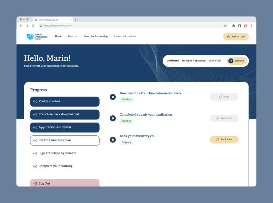 A desktop browser window displays a franchise application progress dashboard for a medical marketing agency. Steps include profile creation, downloading a franchise pack, submission, business plan creation, agreement signing, and training—some marked finished or ongoing.