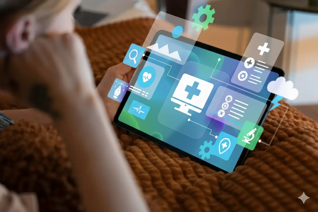 A person holds a tablet displaying digital health icons, symbolising healthcare technology and telemedicine solutions—perfect visuals for a healthcare digital marketing agency or those seeking expert healthcare SEO. A brown textured blanket appears in the background.