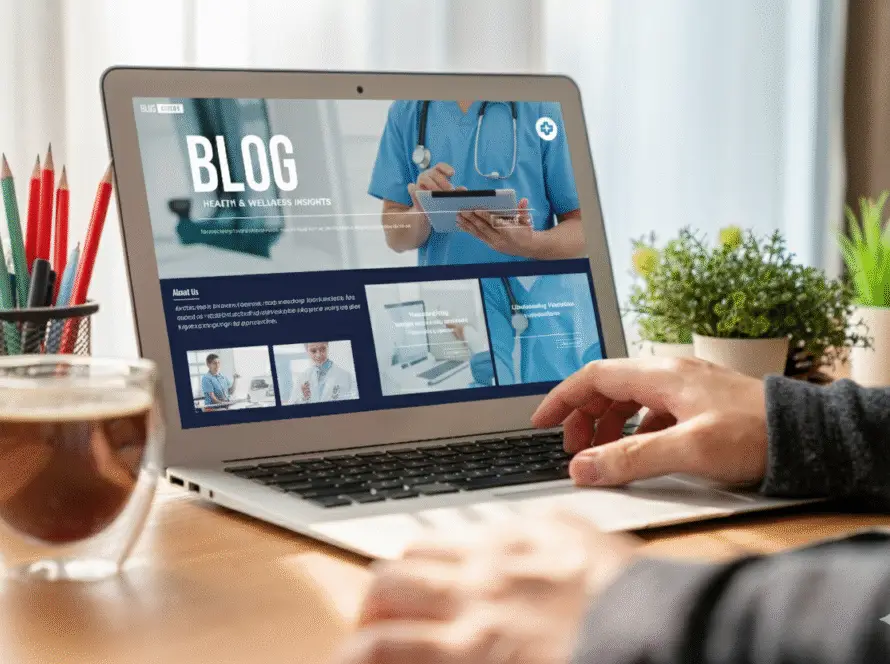 A person uses a laptop displaying a health and wellbeing blog optimised by a healthcare SEO expert, featuring images of medical professionals and text sections. The desk also holds tea, a potted plant, coloured pencils, and a notepad in sunlight.