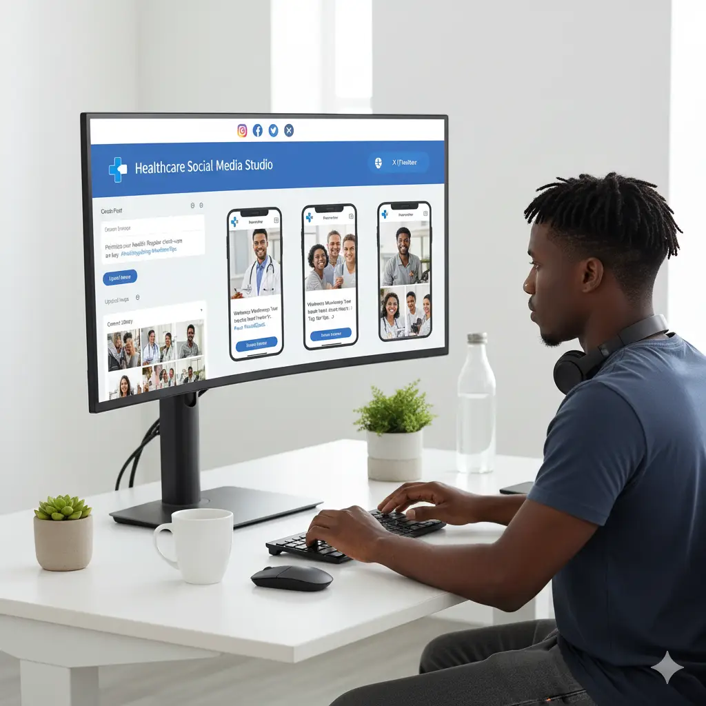 A man sits at a white desk using a desktop computer. The screen shows a “Healthcare Social Media Studio” interface with doctors’ photos and social media templates—ideal tools for a healthcare digital marketing agency focused on SEO and online presence.