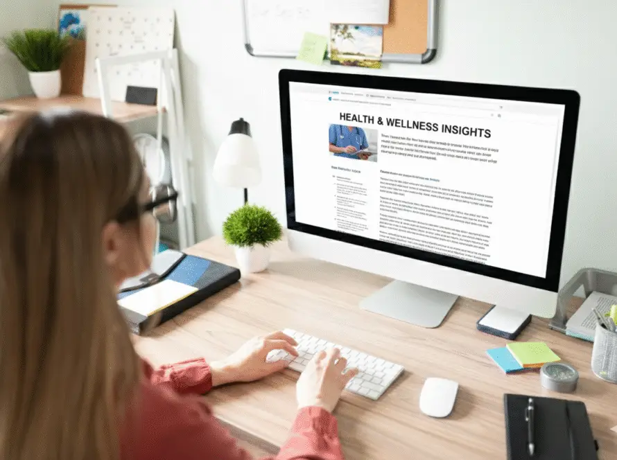 A woman with long, light brown hair and glasses works at a wooden desk, reading a Health & Wellness Insights article optimised by a healthcare digital marketing agency. The desk has a potted plant, notebooks, coffee cup, and wireless mouse and keyboard.