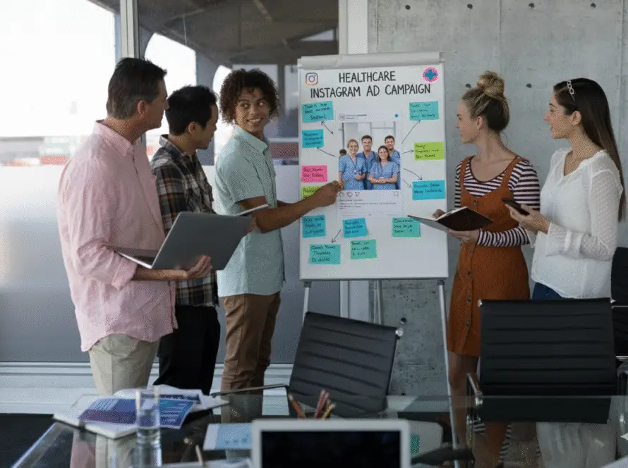 Five people stand in a modern office, gathered around a poster titled “Healthcare Instagram Ad Campaign.” They smile and point to colourful sticky notes, reflecting a brainstorming session at a leading healthcare digital marketing agency.