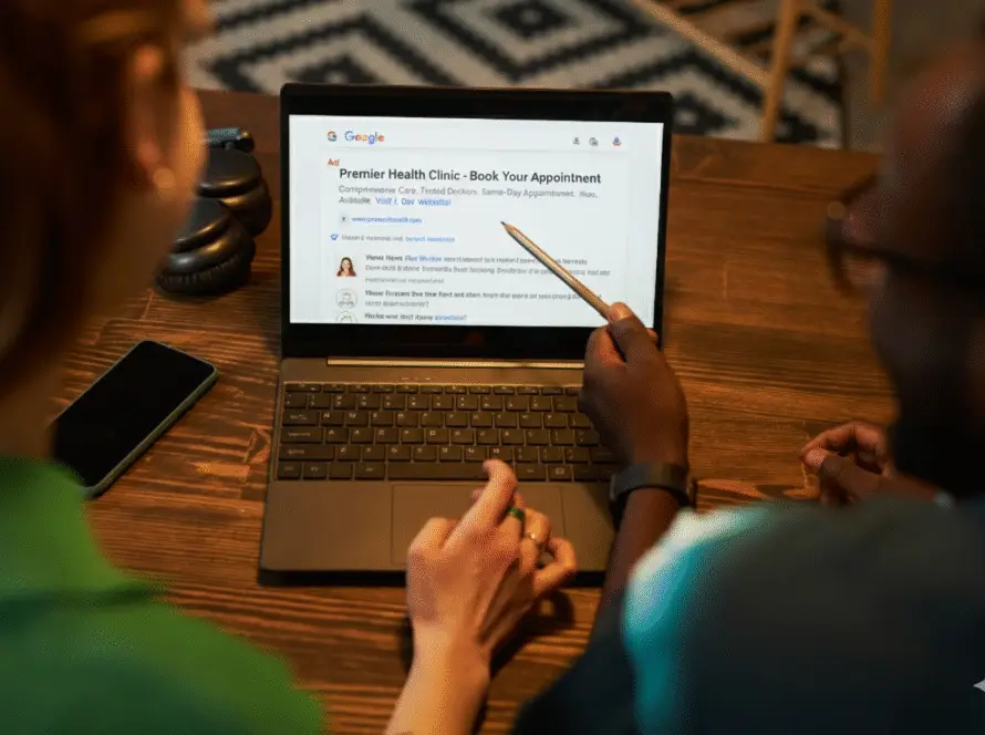Two people sit at a table, facing a laptop displaying Google search results for “Premier Health Clinic - Book Your Appointment.” One points at the screen with a pen while discussing strategies with a healthcare SEO consultant. A phone and headphones are on the table.