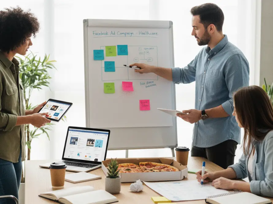 Three people meet in a bright office. One man presents at a whiteboard with colourful sticky notes. A woman holds a tablet, another takes notes. The group brainstorm ideas for their healthcare digital marketing agency over coffee and pizza.