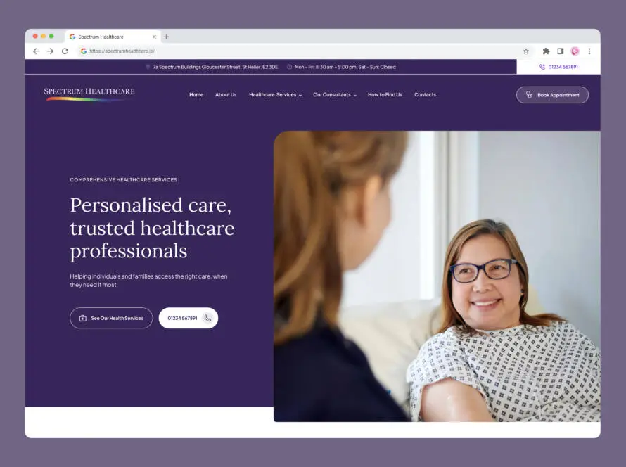 Screenshot of a healthcare website showing a smiling woman with glasses talking to another person. Text on the site reads, Personalised care, trusted healthcare professionals—a great example of effective healthcare SEO in action. Buttons for booking an appointment and viewing services.