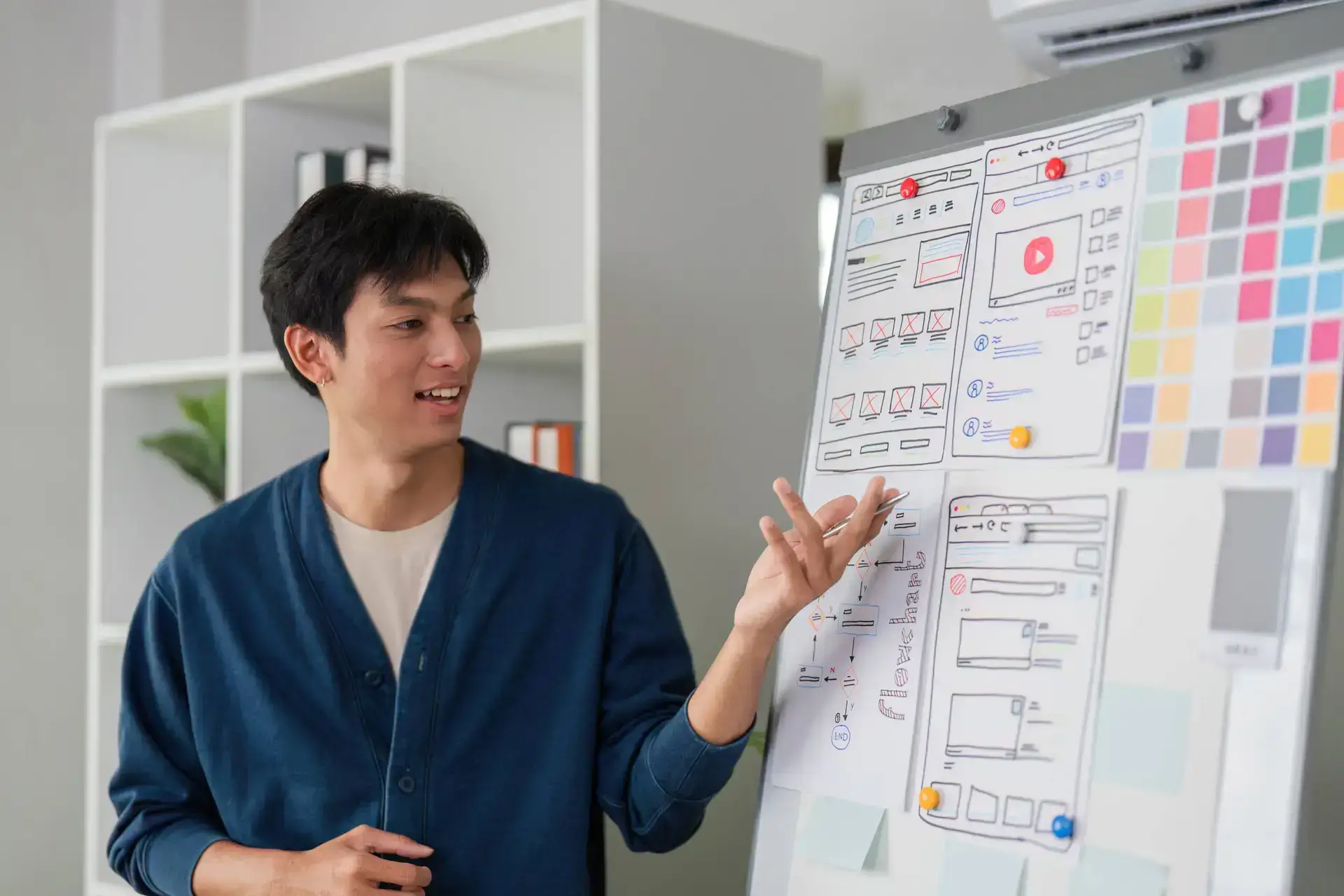 A person wearing a blue cardigan gestures towards a flip chart displaying UI/UX wireframes and website layout sketches, illustrating digital marketing healthcare strategies. White shelves with books and folders line the bright, modern office background.