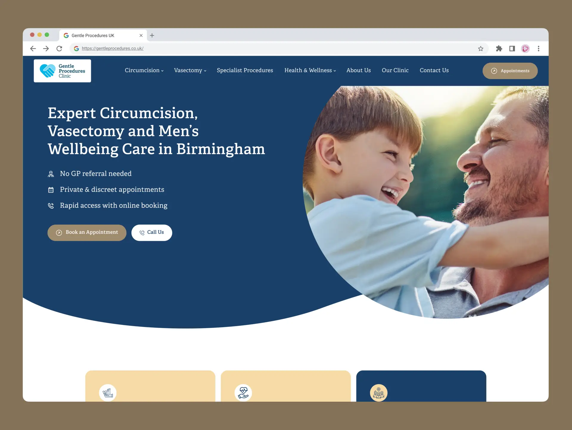 A website showing a smiling man holding a laughing young boy. The text promotes expert circumcision, vasectomy, and men’s wellbeing care in Birmingham at Gentle Procedures Clinic. Navigation links, contact options, and booking buttons are visible.
