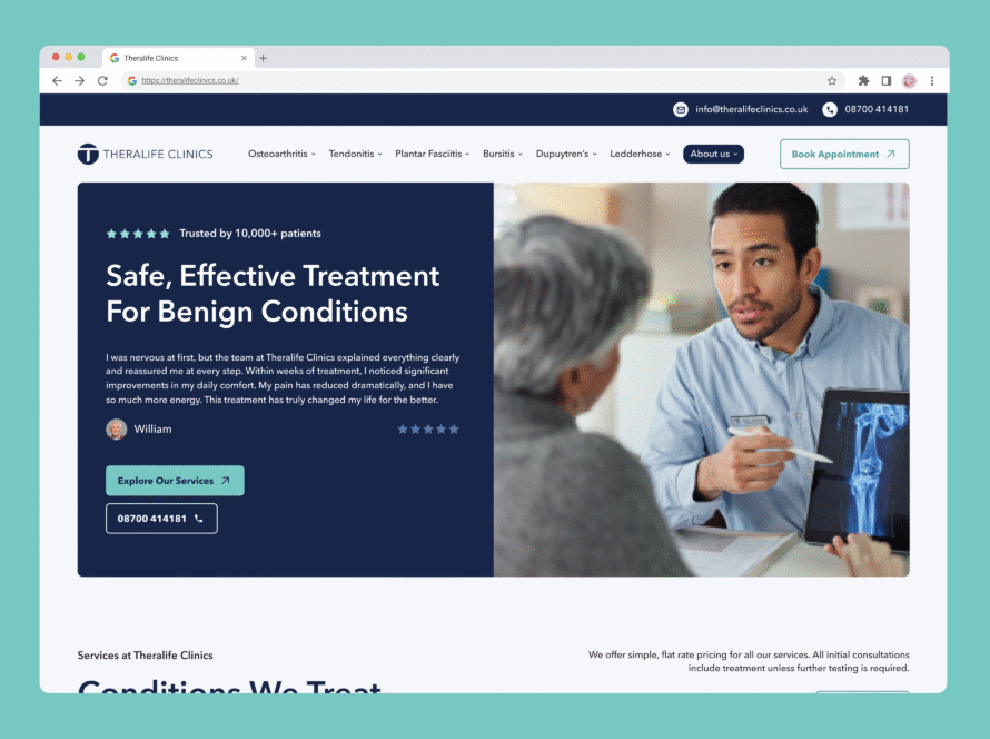 A doctor in a blue shirt sits at a desk, holding a tablet and speaking to an older woman with grey hair and glasses. The website shows “Safe, Effective Treatment For Benign Conditions” at Theralife Clinics, with buttons and reviews.