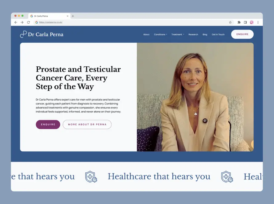 A website for Dr Carla Perna is shown. On the left, text offers prostate and testicular cancer care with Enquire and More About Dr Carla Perna buttons. On the right, a smiling woman with blonde hair sits on a sofa, wearing a beige blazer.