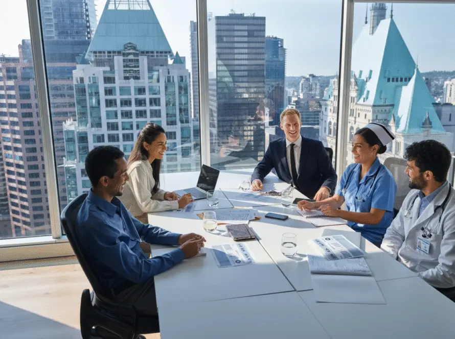 Five professionals, including doctors and businesspeople, sit around a table in a modern office with large windows overlooking a cityscape, engaged in focused discussion—perhaps strategising with a healthcare SEO consultant on new medical marketing approaches.