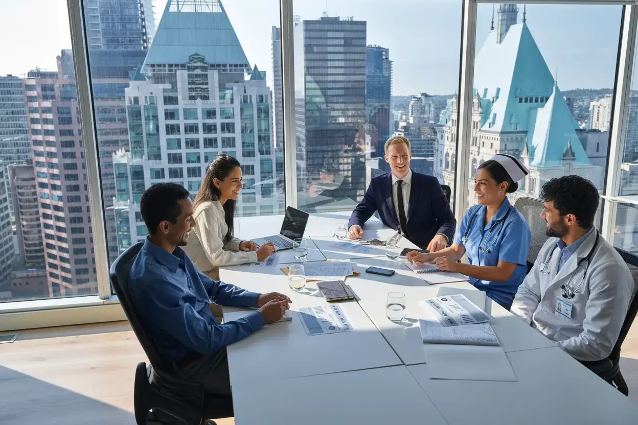 Five professionals, including doctors and businesspeople, sit around a table in a modern office with large windows overlooking a cityscape, engaged in focused discussion—perhaps strategising with a healthcare SEO consultant on new medical marketing approaches.