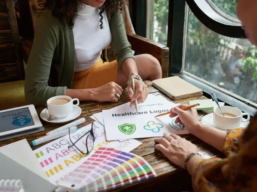 Two women sit at a wooden table by a window, discussing healthcare logo designs for a healthcare marketing agency. Papers with logos, colour swatches, a notebook, and coffee cups are on the table as one woman points to a page labelled “Healthcare Logos.”.