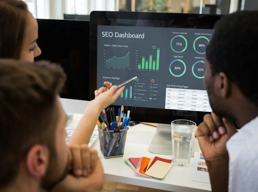 Three people sit at a desk, looking at a computer monitor displaying an SEO dashboard with graphs and charts—analysing results for a digital marketing healthcare campaign. Office supplies, colour swatches, and glasses of water are on the desk.