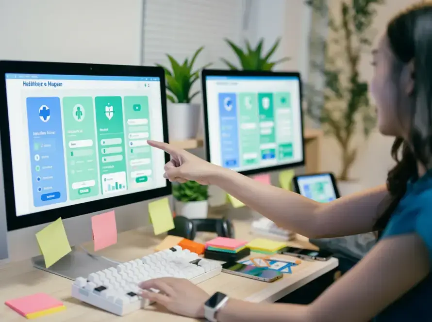 A woman sits at a desk, pointing at a computer screen displaying a health tracker app—ideal inspiration for any medical marketing agency. Another monitor, keyboard, colourful sticky notes, potted plants, and a window complete the workspace.