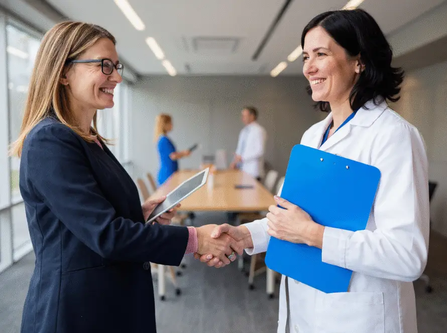 A female doctor holding a blue clipboard smiles and shakes hands with a woman in business attire holding a tablet. They stand in a bright conference room, representing a healthcare digital marketing agency at work. Two people converse near a long table.