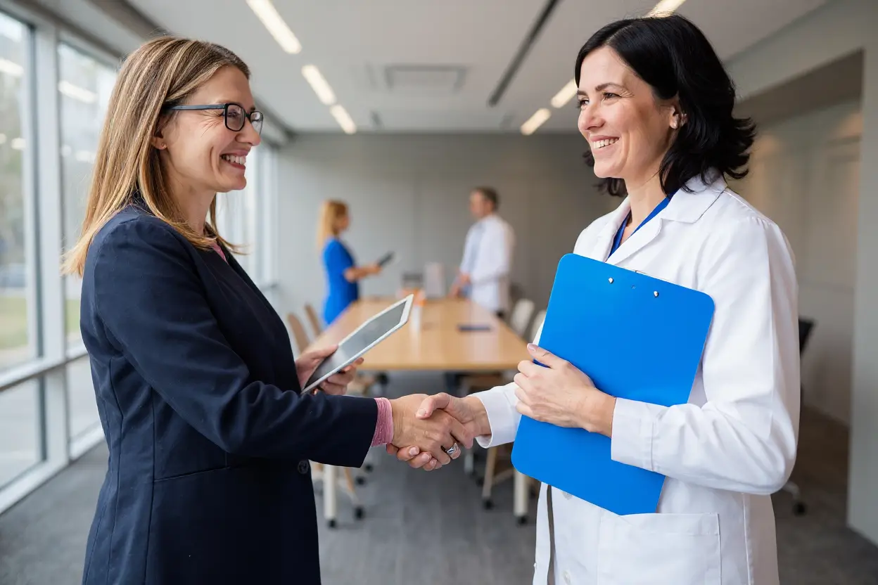 A female doctor holding a blue clipboard smiles and shakes hands with a woman in business attire holding a tablet. They stand in a bright conference room, representing a healthcare digital marketing agency at work. Two people converse near a long table.
