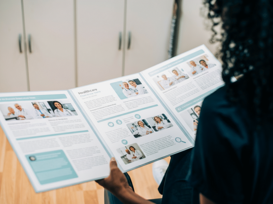 A person with curly hair, seen from behind, is sitting and holding an open digital marketing healthcare brochure featuring images of medical professionals and text. Wooden flooring and light-coloured cupboards are visible in the background.