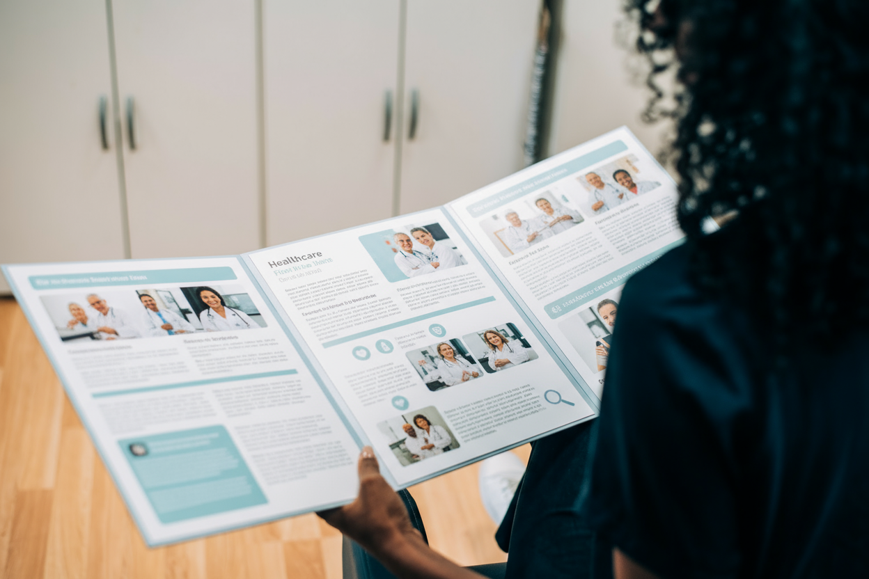 A person with curly hair, seen from behind, is sitting and holding an open digital marketing healthcare brochure featuring images of medical professionals and text. Wooden flooring and light-coloured cupboards are visible in the background.