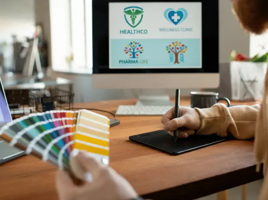 A person works at a desk for a healthcare marketing agency, holding a colour swatch book and using a digital tablet whilst designing healthcare-related logos on the computer screen. The workspace contains a mug, pencil holder, and various office supplies.