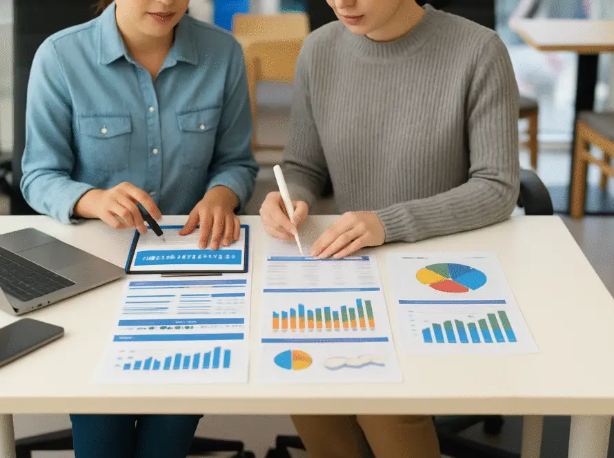 Two people sit at a desk reviewing financial charts and graphs, possibly discussing digital marketing healthcare strategies. A laptop is open beside them as they analyse bar charts, pie charts, and line graphs on paper and a tablet, pointing at key data with pens.