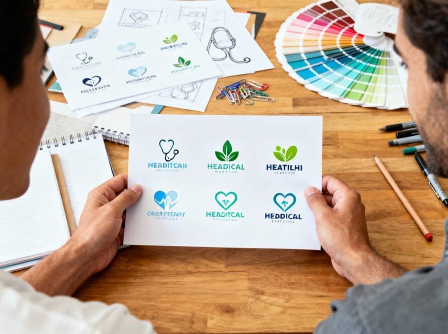 Two people sit at a wooden desk, holding a sheet with various healthcare logo designs featuring hearts and leaves. The scene suggests a creative design meeting at a healthcare marketing agency, with coloured pencils, sketches, and colour swatches on the desk.