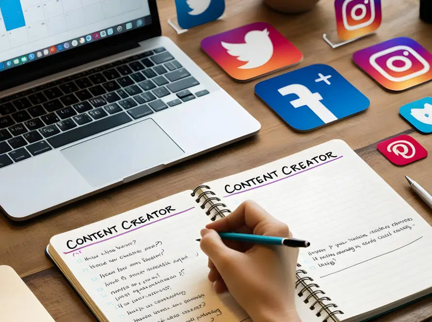 A person writes “Content Creator” in a notebook at a desk with a laptop, calendar, potted plant, pens, and various social media logo cut-outs—ideal inspiration for anyone working at a healthcare digital marketing agency or as a healthcare SEO consultant.