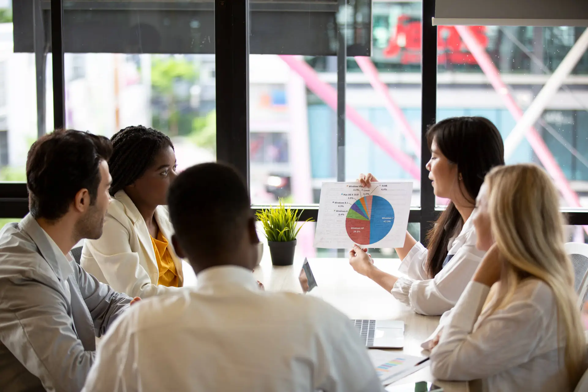Four people sit around a table in an office, listening to a woman presenting. She holds up a sheet of paper with a colourful pie chart—analysing results for a healthcare digital marketing agency. Laptops, documents, and a small plant rest on the table; city views fill the windows.
