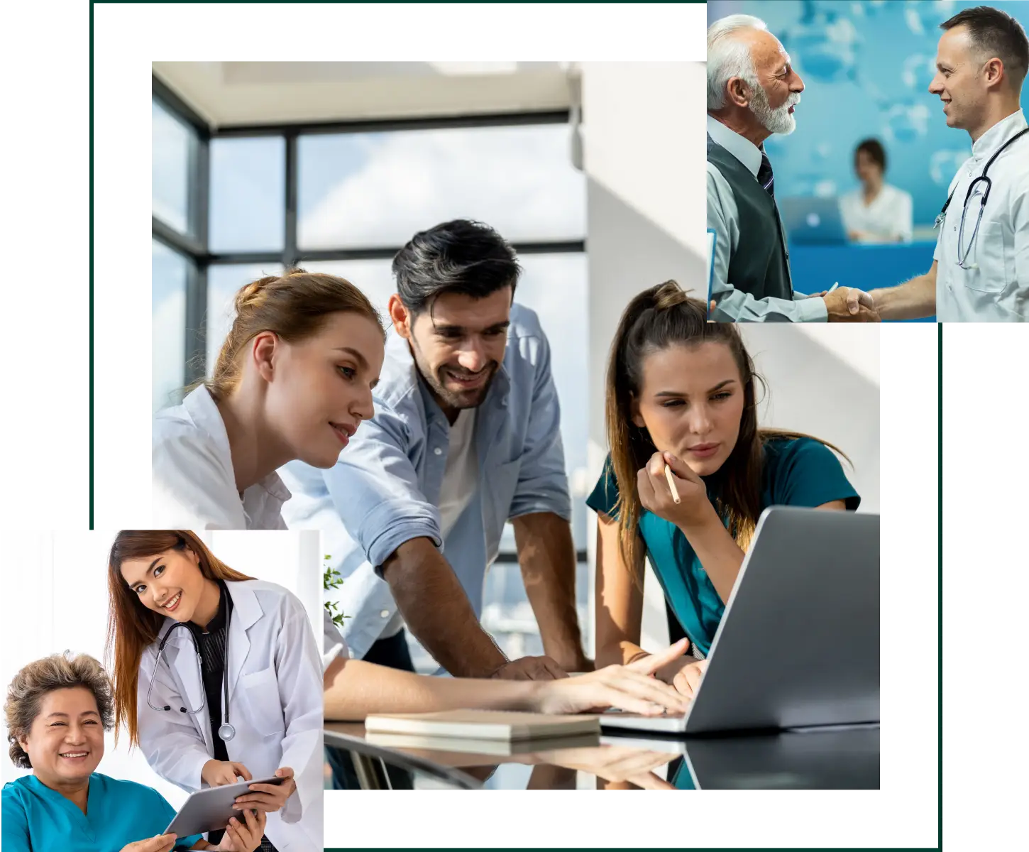 A collage: Three medical professionals review information on a laptop; two doctors shake hands in a hospital; and a female doctor shows a tablet to an older woman, who smiles, reflecting how a healthcare SEO consultant empowers patient care.