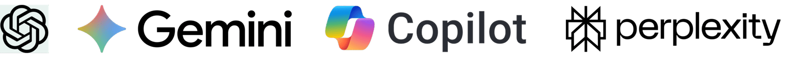 Logos of four AI brands in a row on a light background, ideal for a website or SEO report: OpenAI (swirled knot), Gemini (colourful diamond), Copilot (multicolour shapes), and Perplexity (star-like symbol) with each brand’s name in black text.