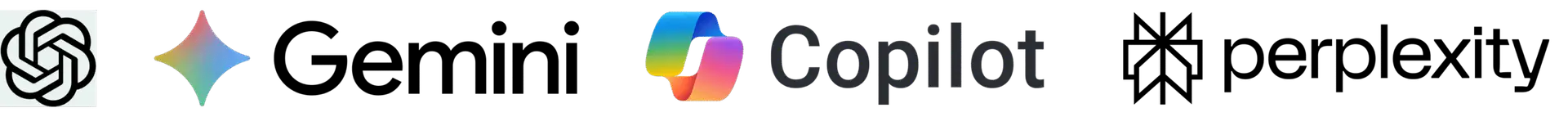 Logos of four AI brands in a row on a light background, ideal for a website or SEO report: OpenAI (swirled knot), Gemini (colourful diamond), Copilot (multicolour shapes), and Perplexity (star-like symbol) with each brand’s name in black text.