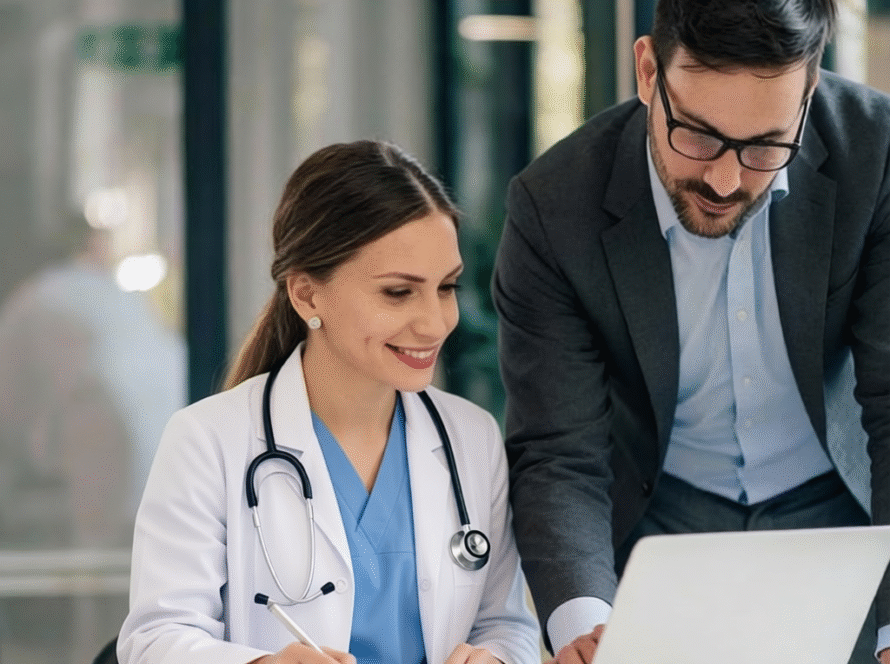 A female doctor in a white coat with a stethoscope and a man in a suit from a Hair Transplant Clinics Marketing Agency are looking at a laptop together, collaborating and smiling in a modern office.