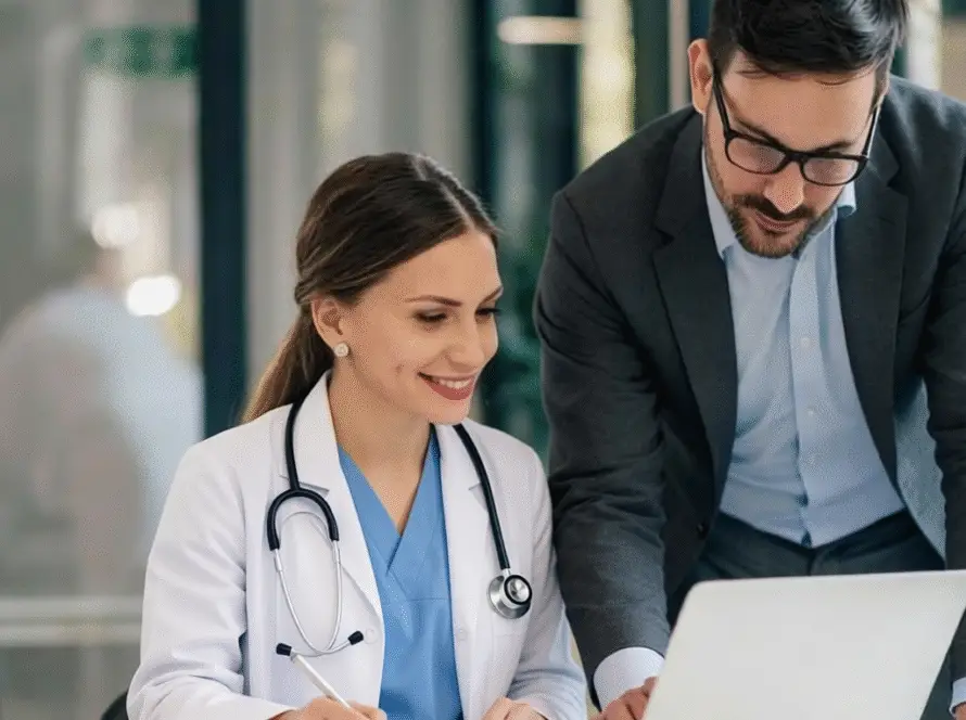 A female doctor in a white coat with a stethoscope and a man in a suit from a Hair Transplant Clinics Marketing Agency are looking at a laptop together, collaborating and smiling in a modern office.