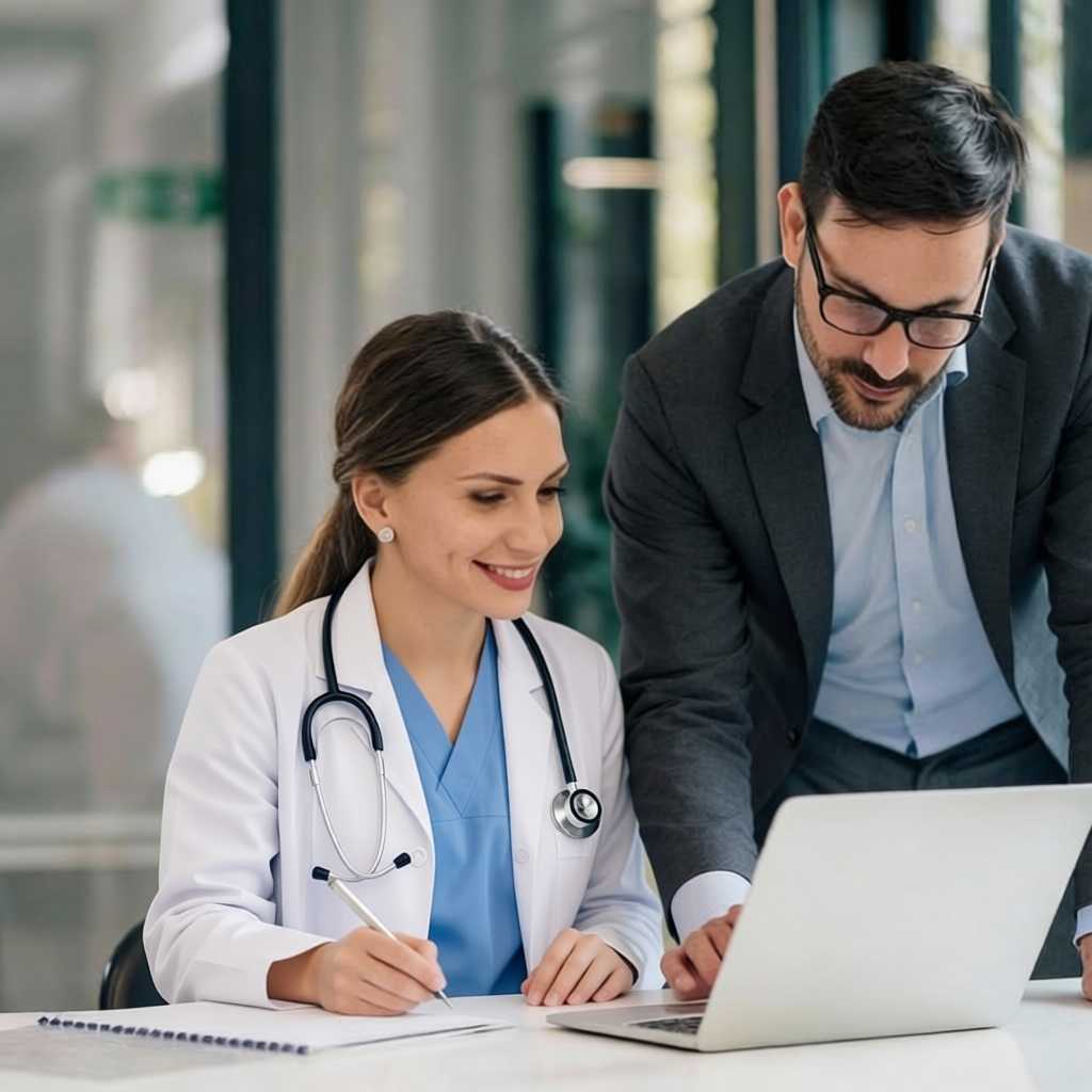 A female doctor in a white coat with a stethoscope and a man in a suit from a Hair Transplant Clinics Marketing Agency are looking at a laptop together, collaborating and smiling in a modern office.