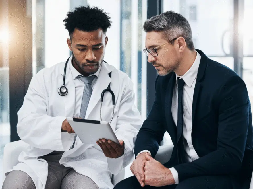 A doctor in a white coat with a stethoscope shows information on a digital tablet to a man in a business suit. They sit indoors, focused on the screen, discussing medical results and strategies for a healthcare marketing agency in a modern office.