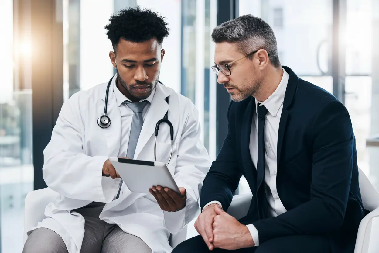 A doctor in a white coat with a stethoscope shows information on a digital tablet to a man in a business suit. They sit indoors, focused on the screen, discussing medical results and strategies for a healthcare marketing agency in a modern office.